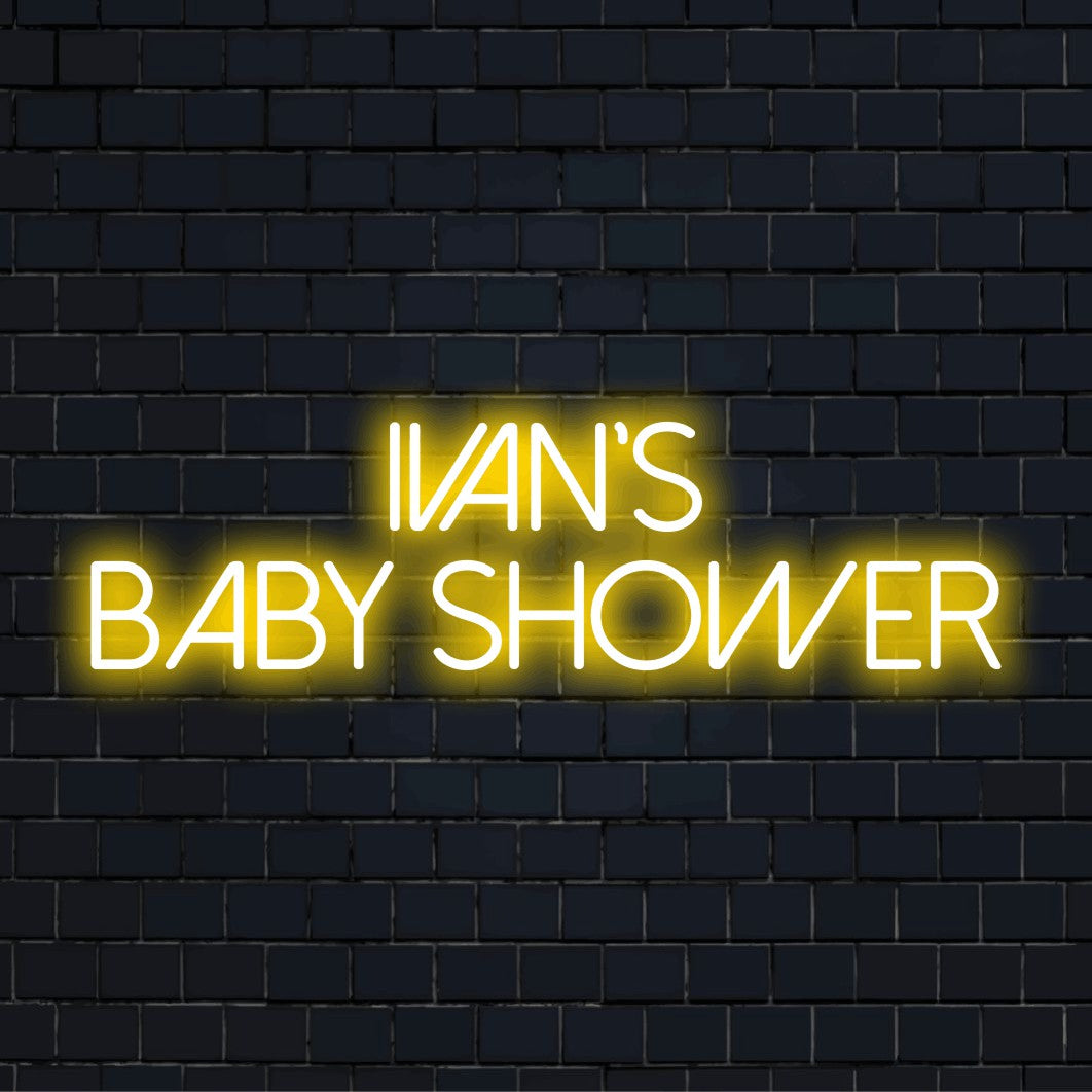 Ivan_s Baby Shower Custom Name Neon Sign, soft neon glow on dark brick wall
