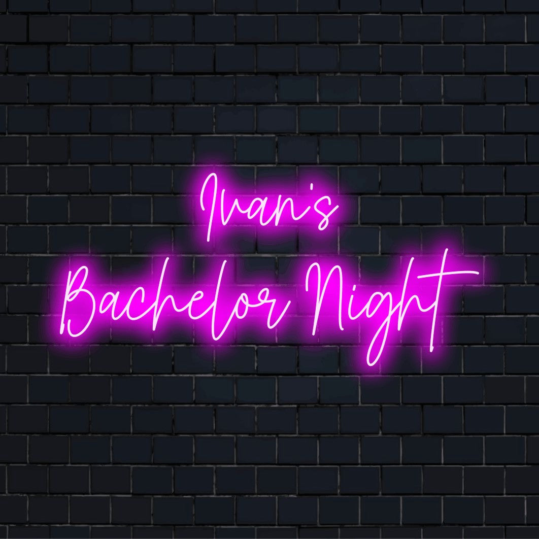 Ivan_s Bachelor Night Custom Name Neon Sign, bright neon glow on dark brick wall