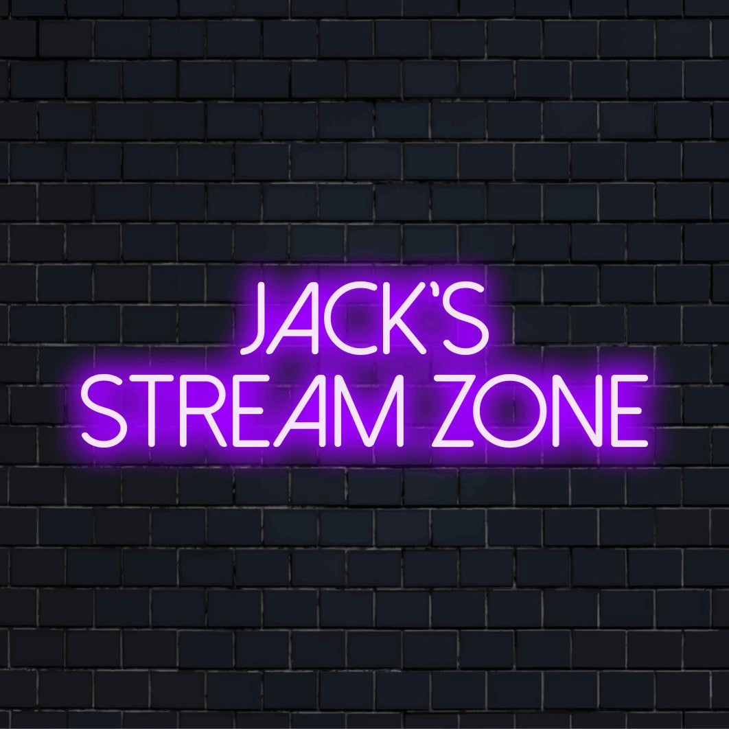 Jack_s Stream Zone Custom Name Neon Sign, bright neon glow against brick backdrop