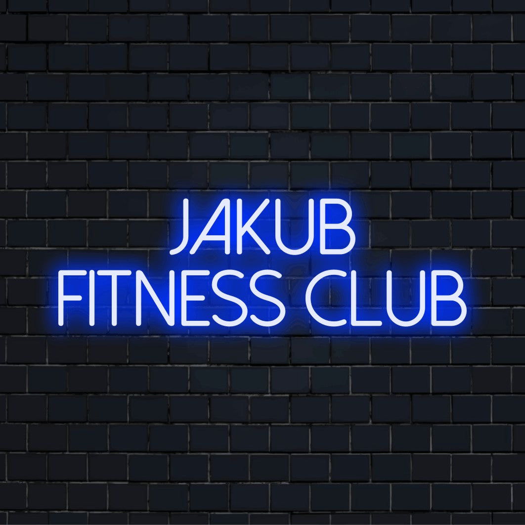 Jakub Fitness Club Personalized LED Neon Sign, glowing lettering on black brick background