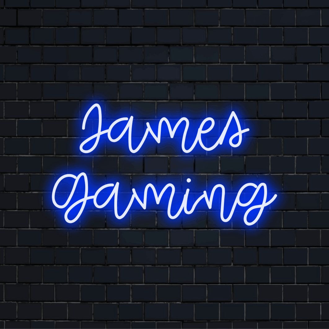 James Gaming Custom Name Neon Sign, glowing neon text on dark brick background