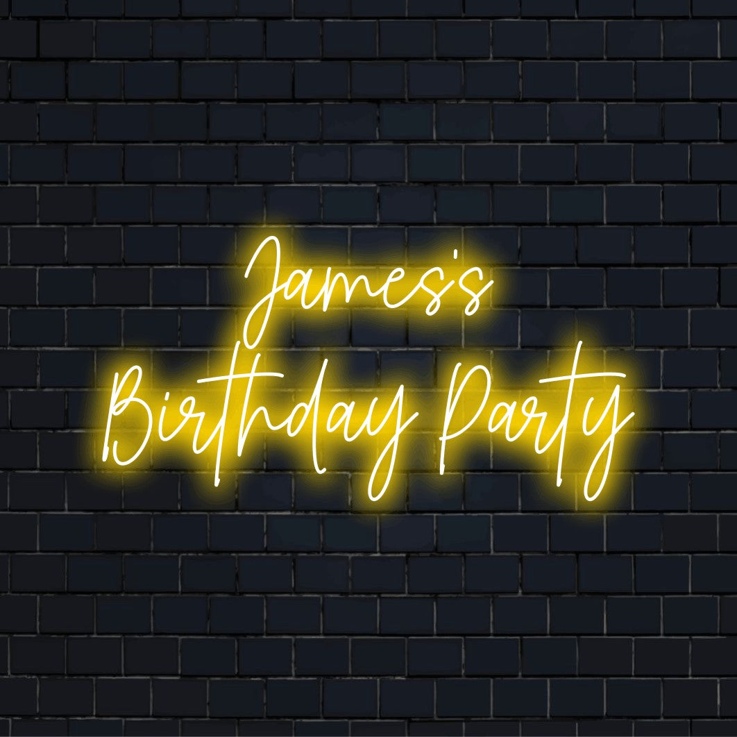 James_s Birthday Party Custom Name Neon Sign, soft neon glow against brick backdrop