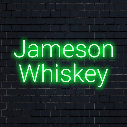 Jameson Whiskey Neon Sign, bright LED glow on dark brick background