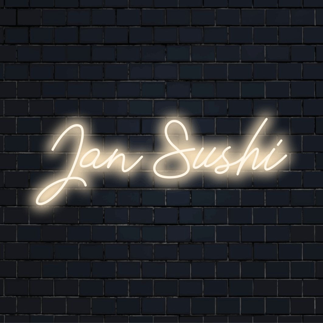 Jan Sushi Custom Name Neon Sign, glowing wall decor on dark brick background