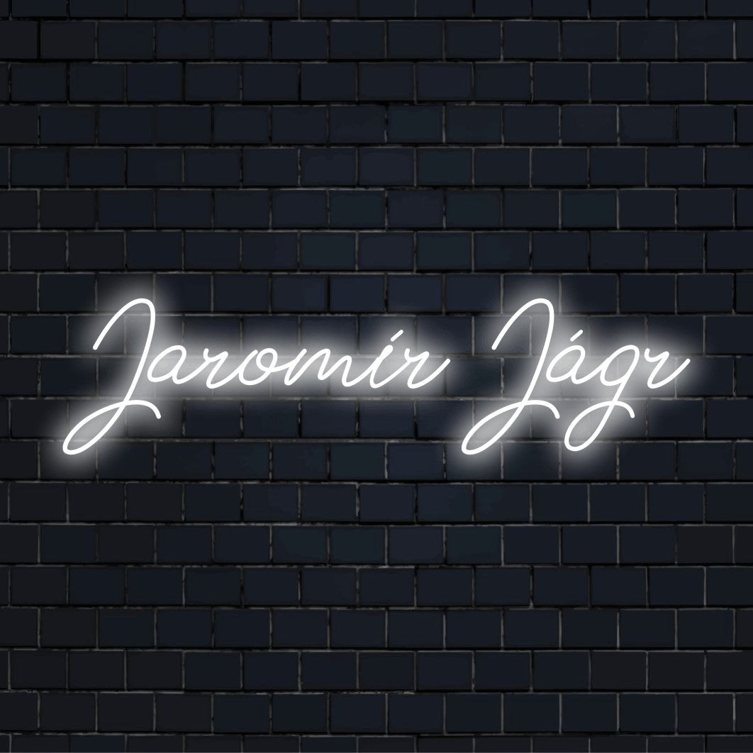 Jarom R J Gr LED Neon Sign, glowing neon text on black brick background