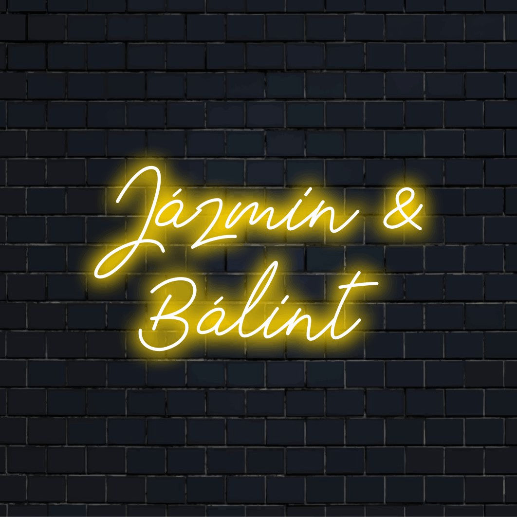 Jazmin _ Balint Custom Name Neon Sign, glowing neon text against brick backdrop
