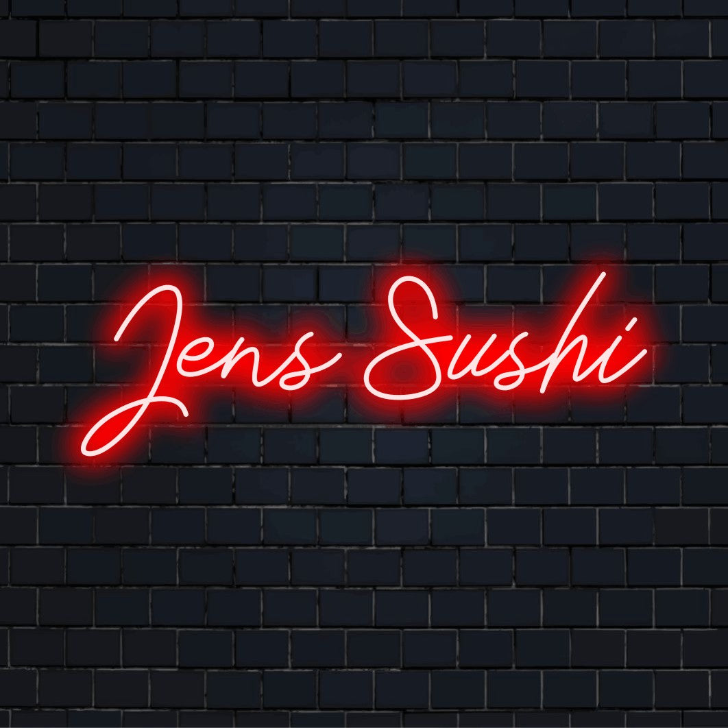 Jens Sushi Personalized Neon Light with neon text light on black brick background