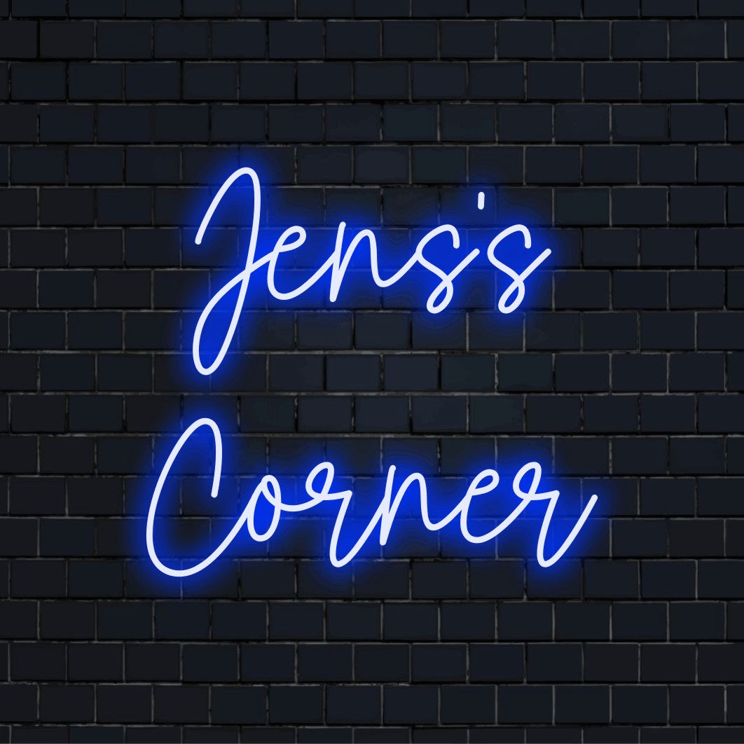 Jens_s Corner Personalized LED Neon Sign, bright neon glow against brick backdrop