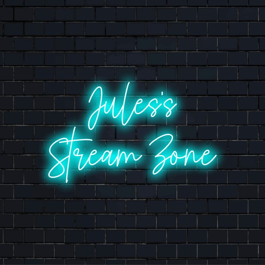 Jules_s Stream Zone Custom Name Neon Sign, soft neon glow on dark brick wall