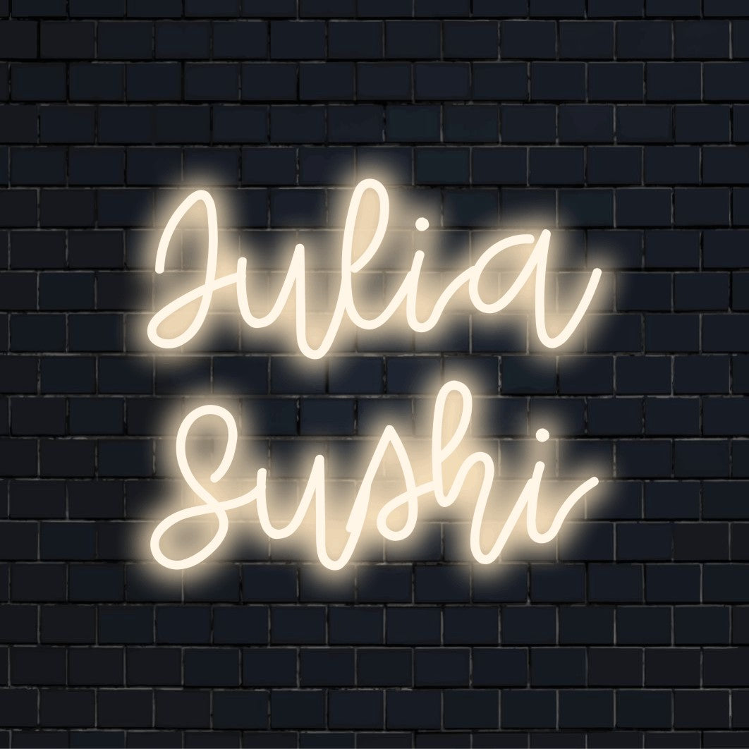 Julia Sushi Personalized LED Neon Sign, bright LED glow on black brick background