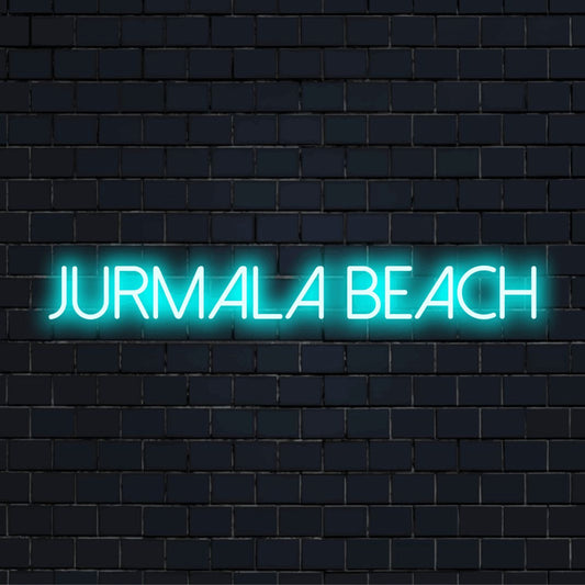 Jurmala Beach LED Neon Sign, bright LED glow on black brick background