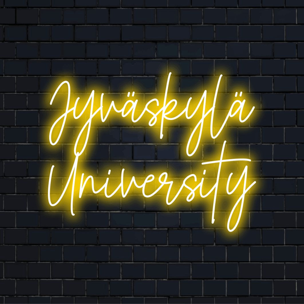 Jyvaskyla University Neon Sign, glowing lettering on black brick background