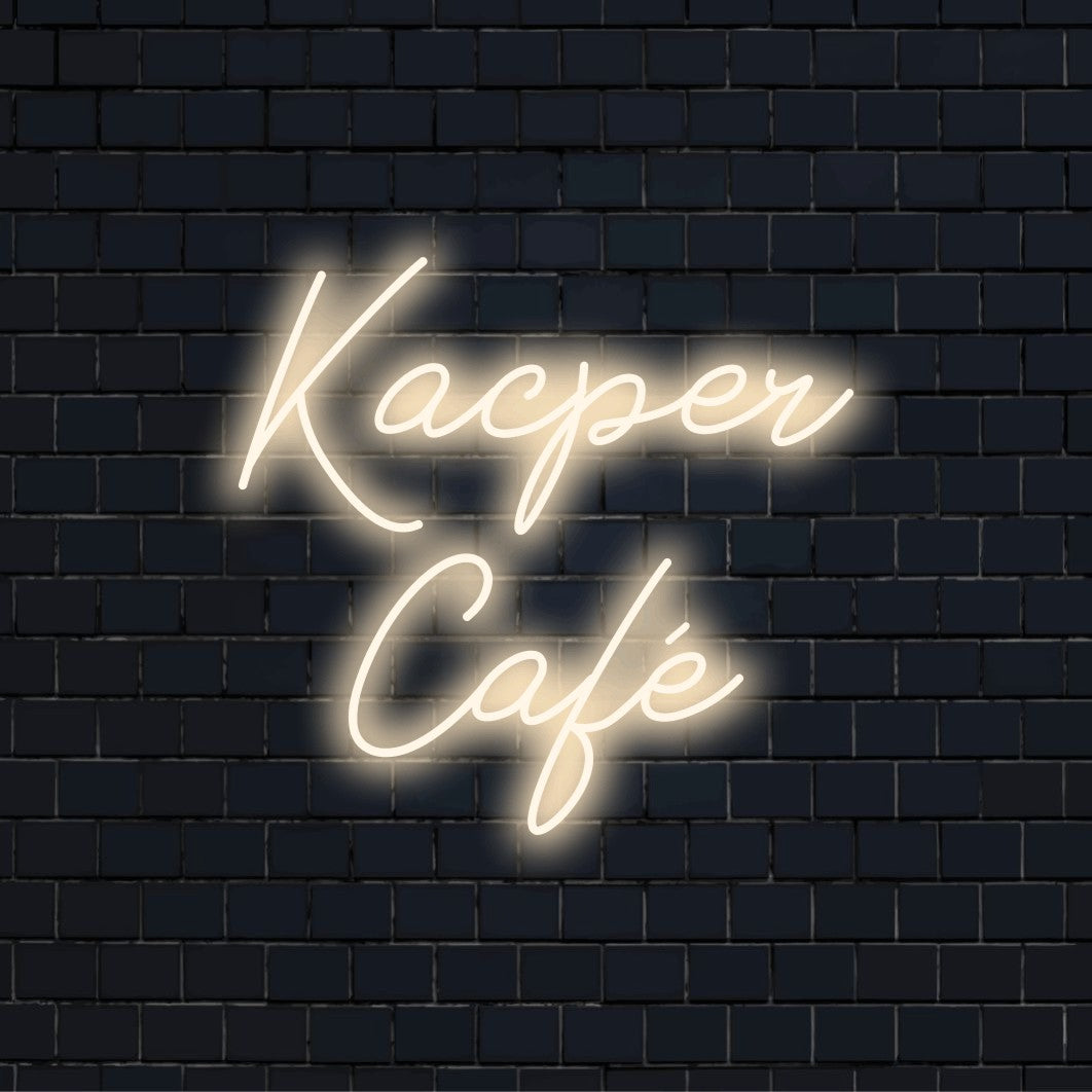 Kacper Cafe Personalized Neon Light with glowing wall decor on dark brick background