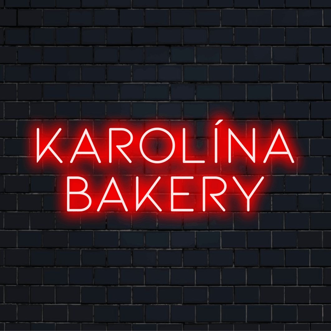Karolina Bakery Personalized Neon Light with soft neon glow on black brick background