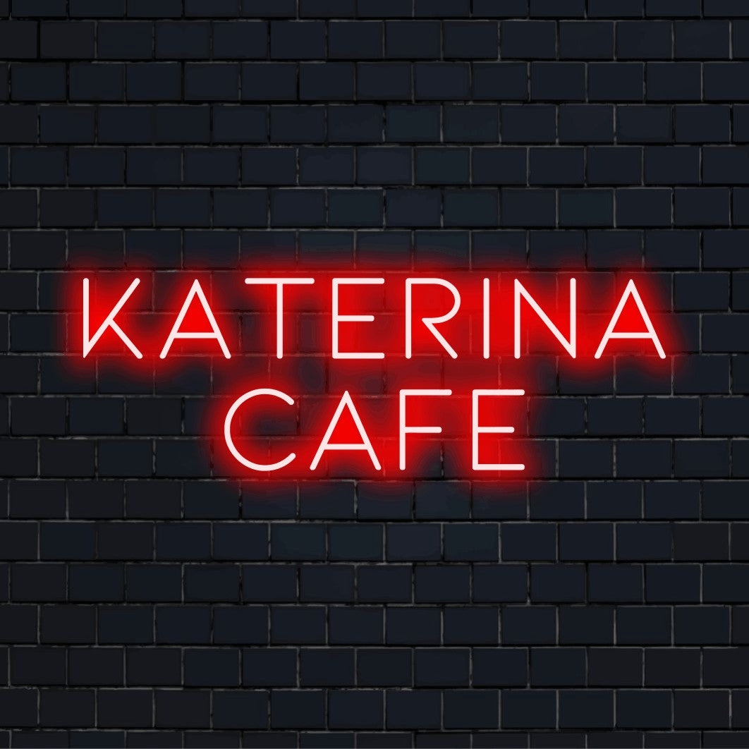 Katerina Cafe Custom Name Neon Sign, bright neon lettering against black brick wall