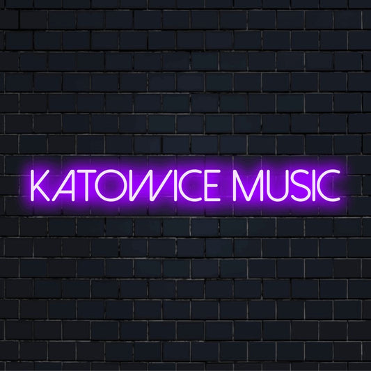 Katowice Music Neon Sign, bright neon lettering on dark brick background