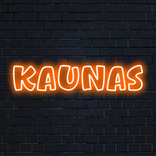 Kaunas LED Neon Sign, glowing neon text on black brick background