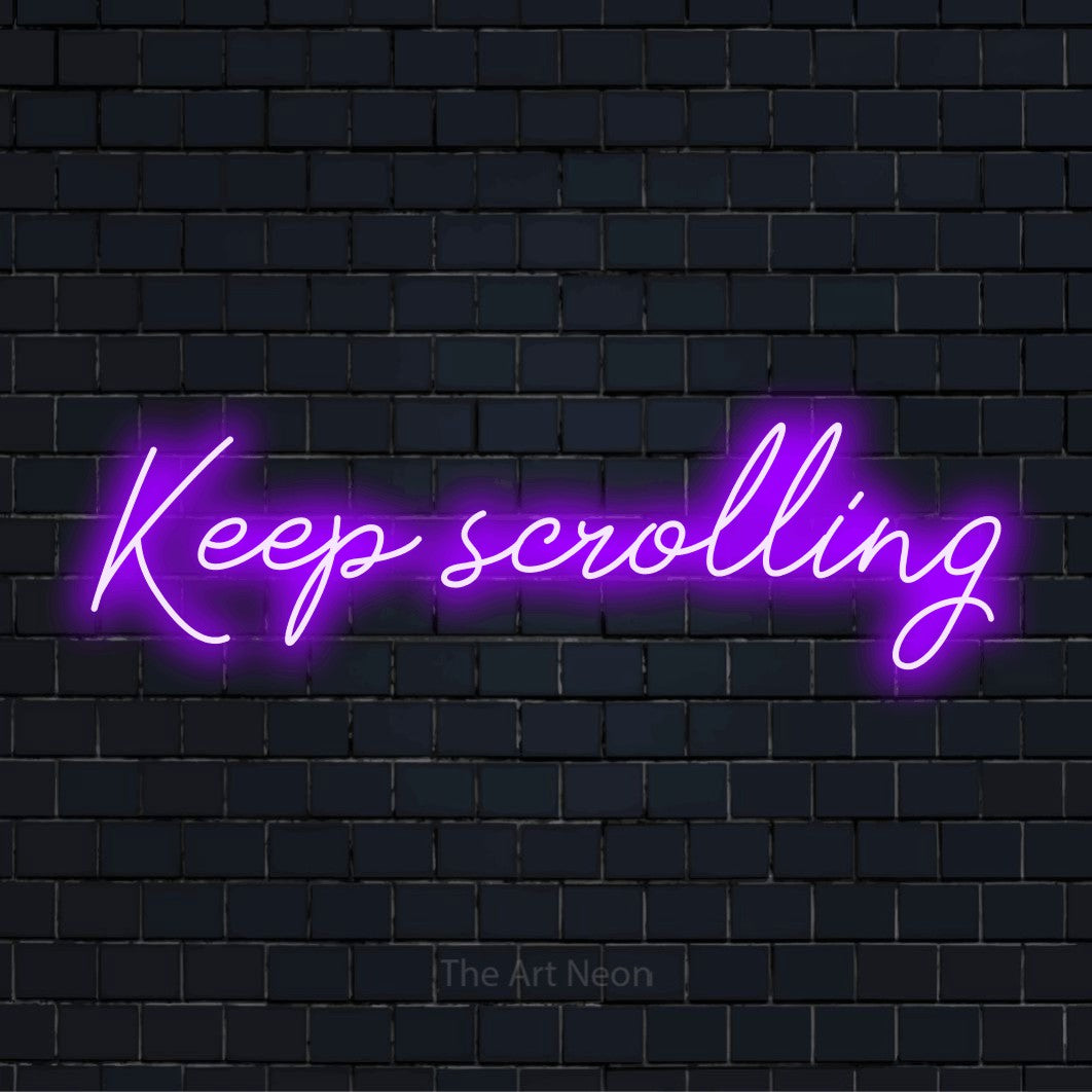 "Keep Scrolling" text design with neon effect on a black brick wall