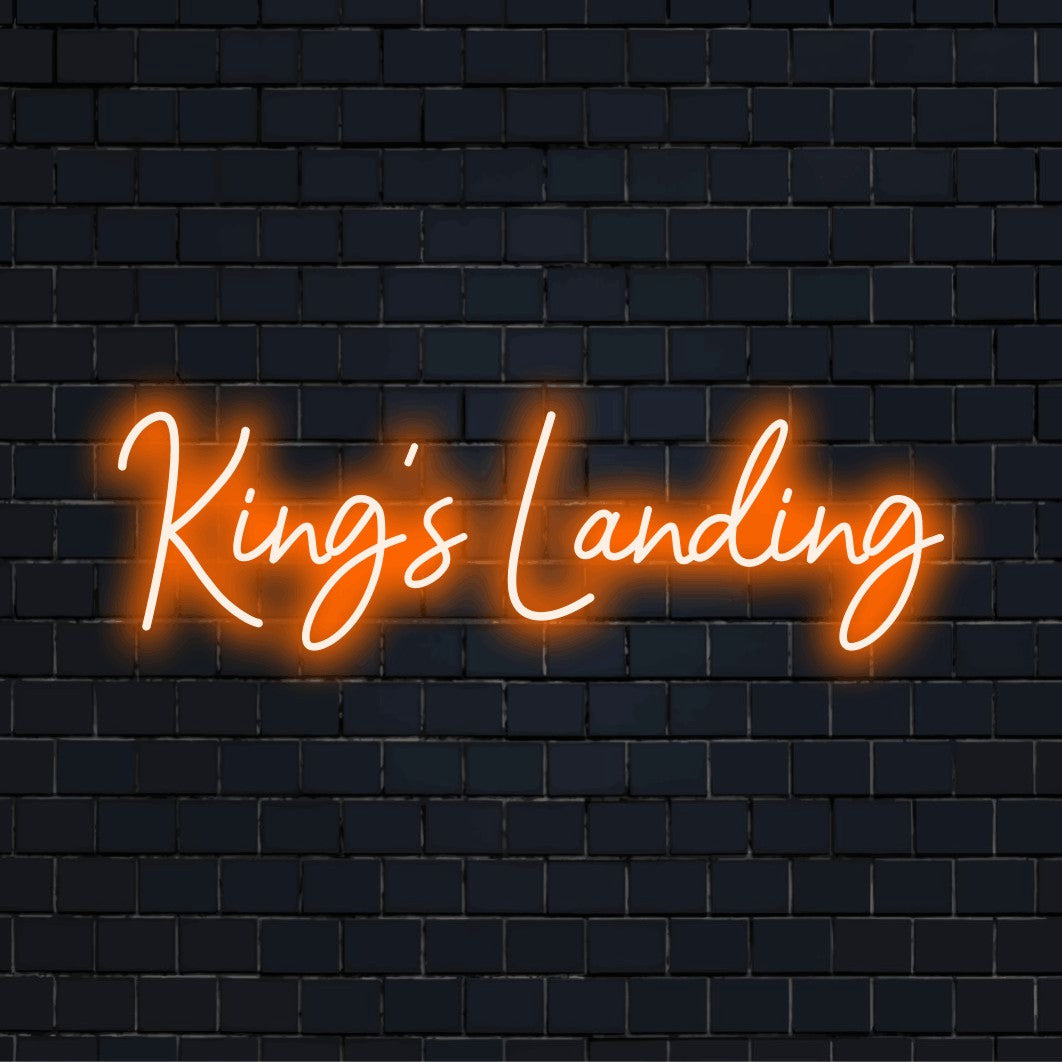 King S Landing Neon Sign, neon text light on dark brick wall