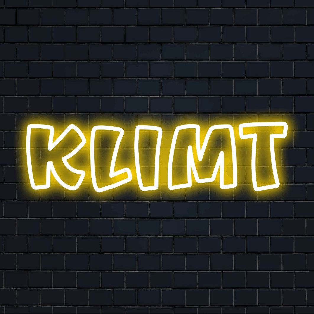 Klimt Neon Sign, glowing neon text against brick backdrop