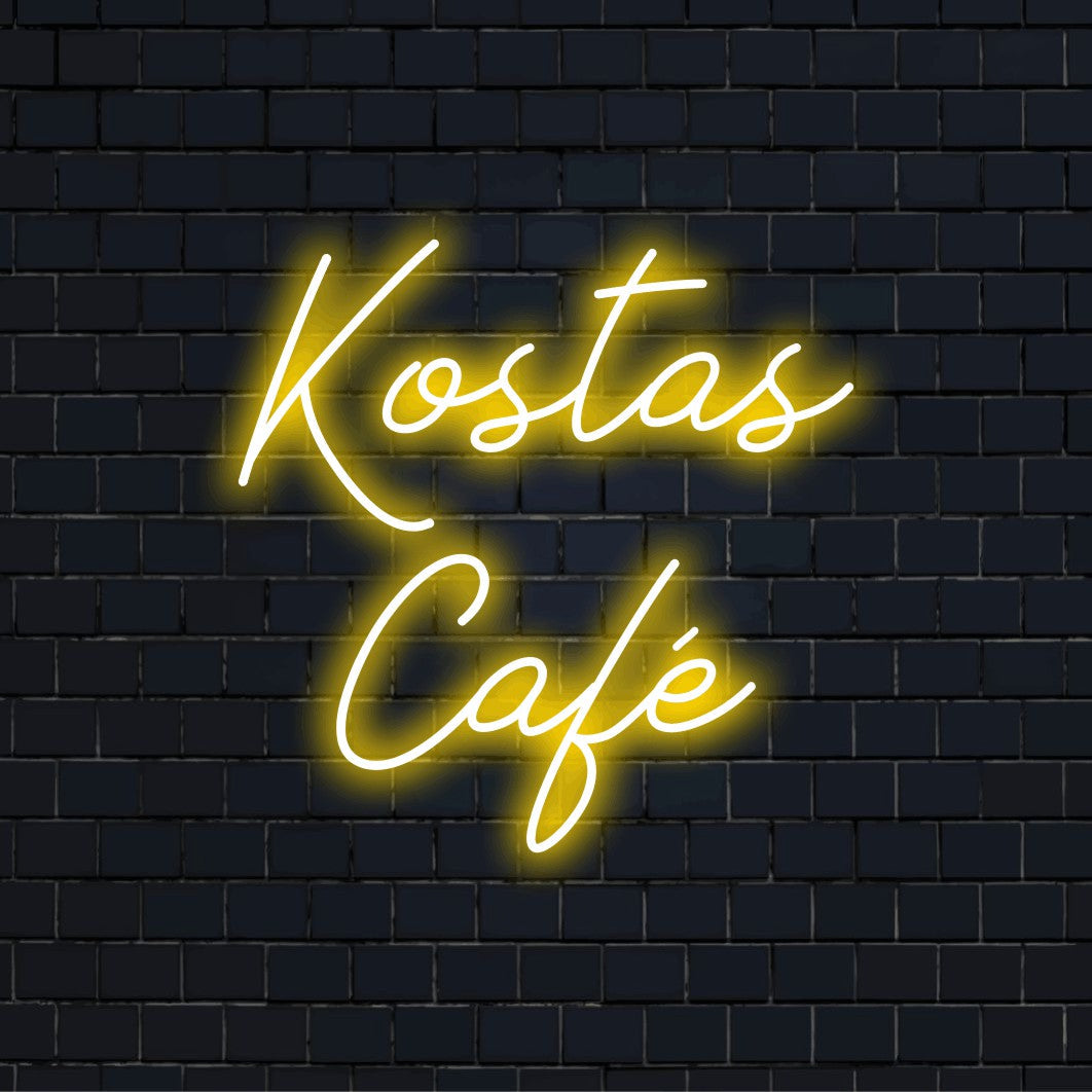 Kostas Cafe Personalized LED Neon Sign, bright LED glow against brick backdrop