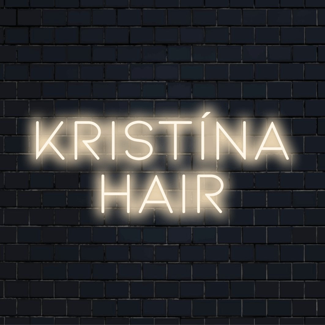 Kristina Hair Personalized LED Neon Sign, bright neon glow on dark brick wall