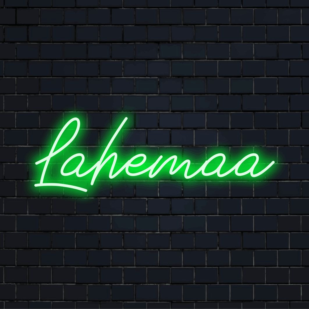 Lahemaa Neon Light with glowing neon text on dark brick background