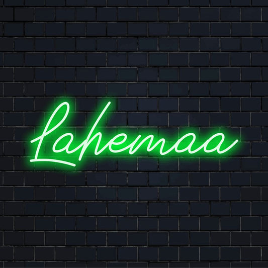 Lahemaa Neon Light with glowing neon text on dark brick background