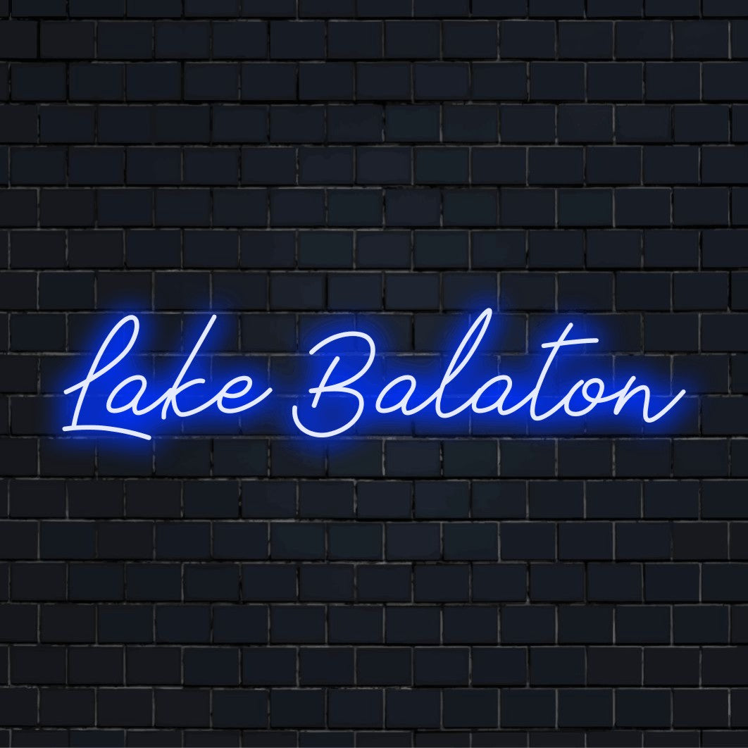 Lake Balaton LED Neon Sign, bright neon lettering against brick backdrop