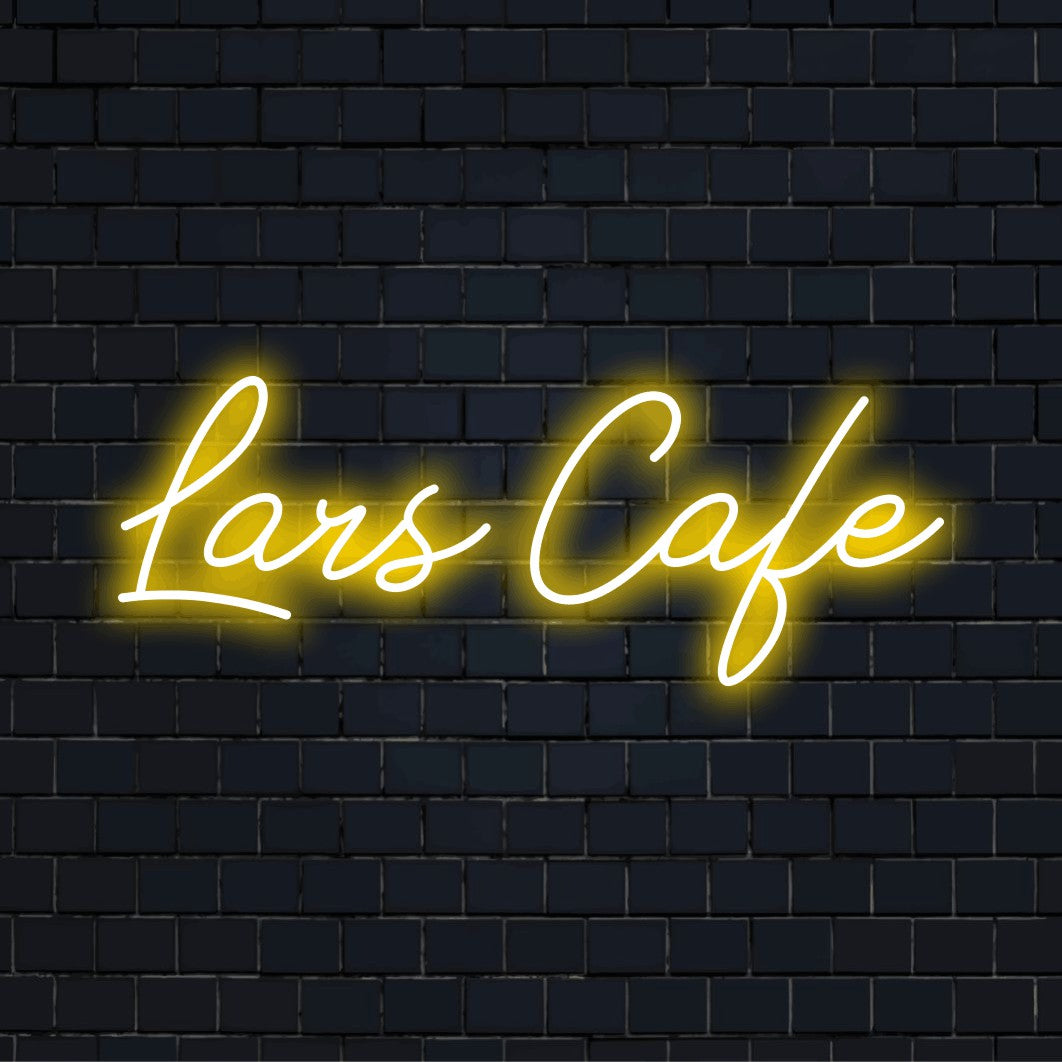 Lars Cafe Custom Name Neon Sign, bright LED glow against black brick wall