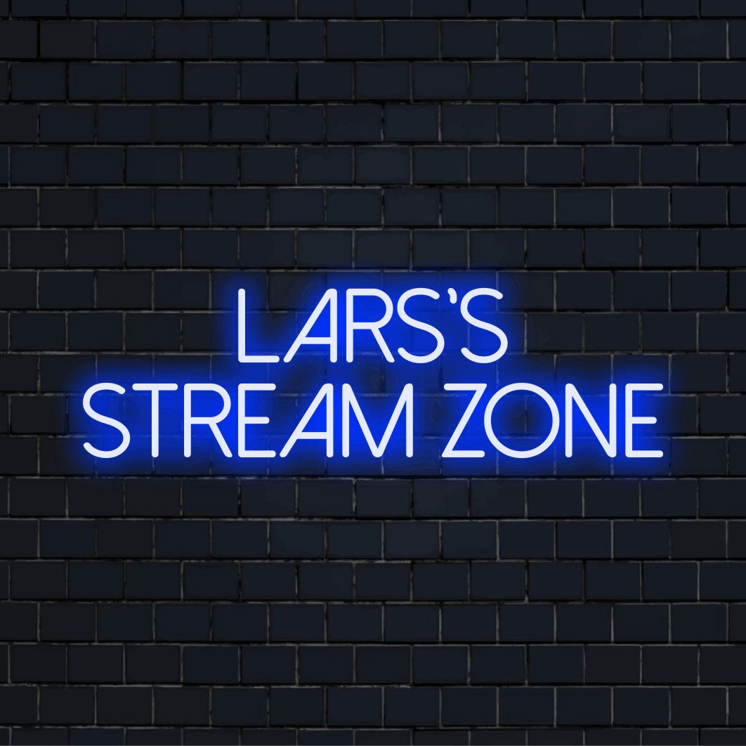 Lars_s Stream Zone Personalized LED Neon Sign, neon text light on dark brick wall