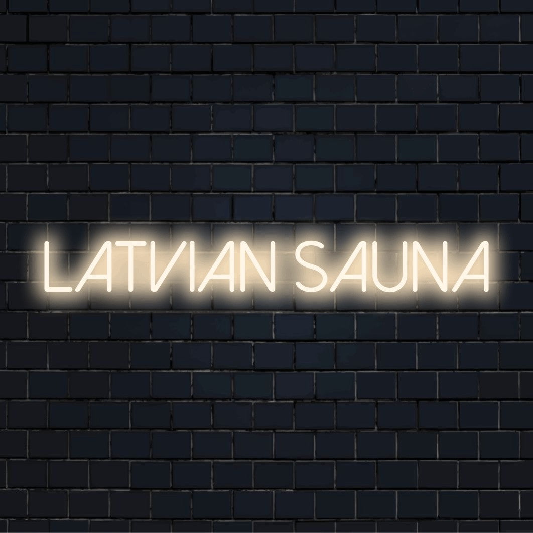 Latvian Sauna Neon Sign, neon text light on dark brick wall