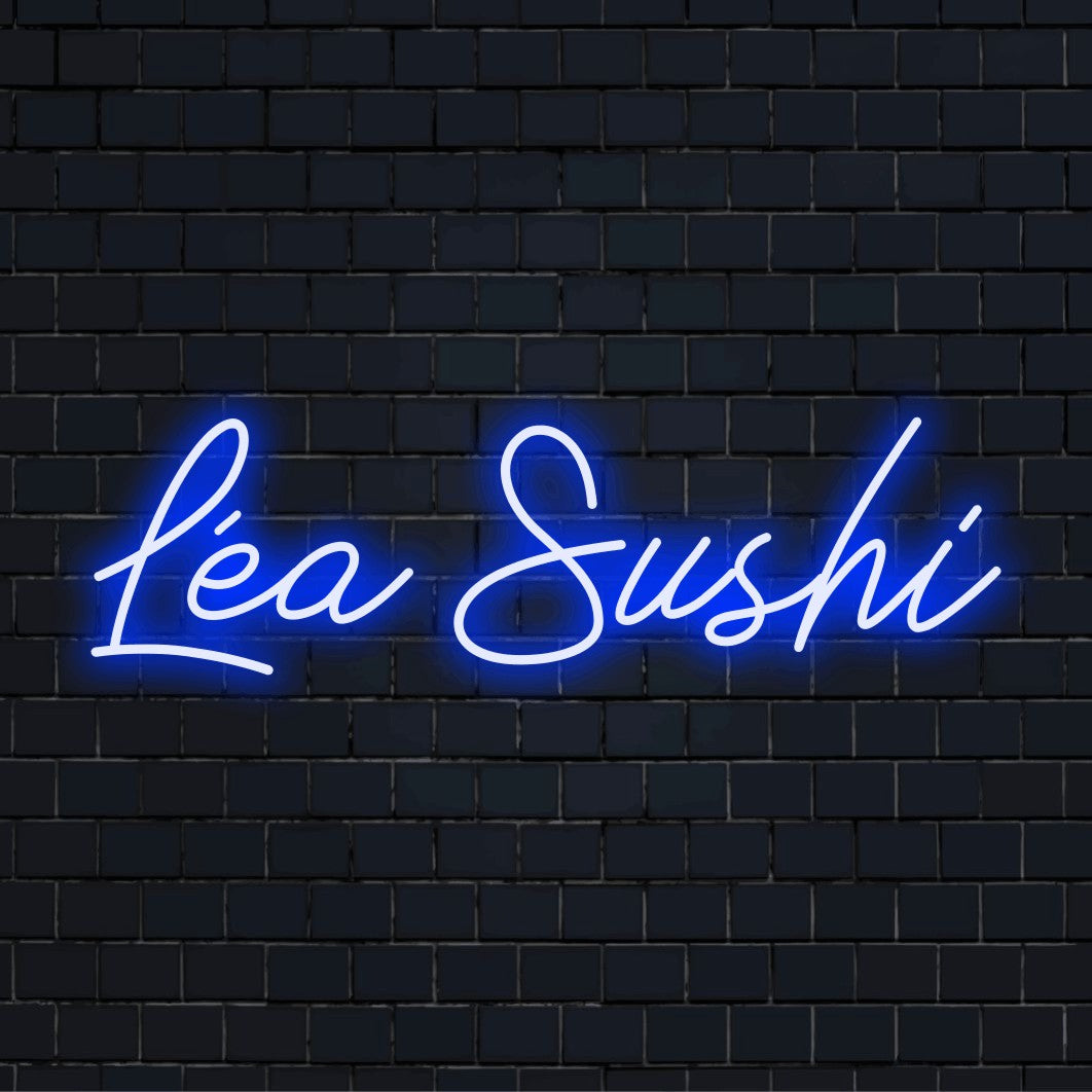 Lea Sushi Personalized LED Neon Sign, glowing wall decor against brick backdrop