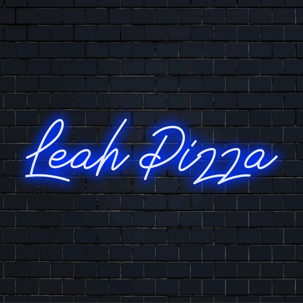 Leah Pizza Personalized LED Neon Sign, soft neon glow against brick backdrop