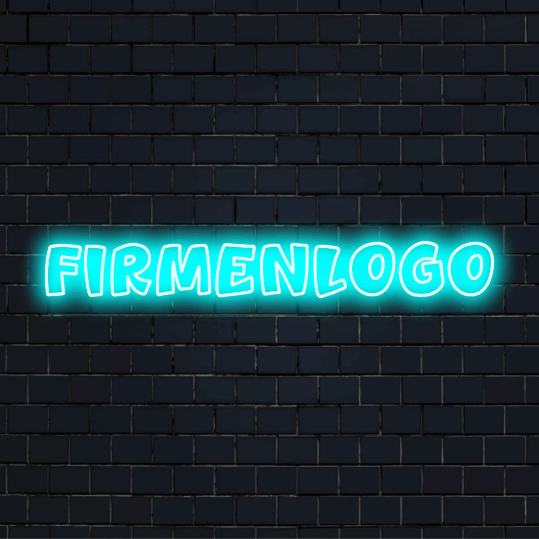 LED-Neonschild mit dem Design „Firmenlogo“ auf dunkler Ziegelwand