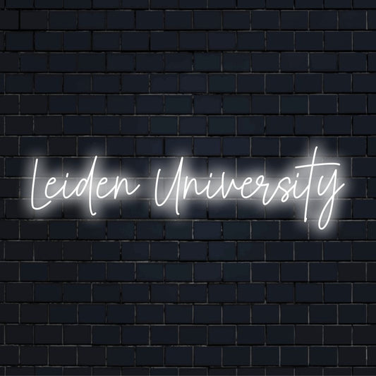 Leiden University Neon Sign, soft neon glow against brick backdrop
