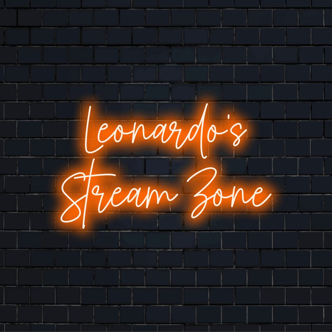 Leonardo_s Stream Zone Custom Name Neon Sign, neon text light against black brick wall
