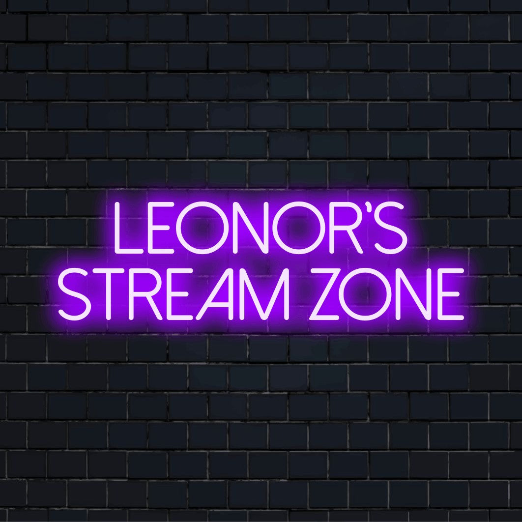 Leonor_s Stream Zone Personalized LED Neon Sign, soft neon glow on dark brick wall