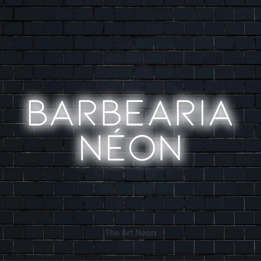 Letreiro néon LED com o design “Barbearia Néon” numa parede escura
