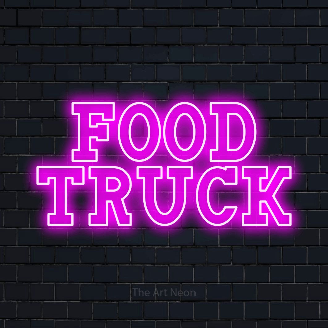 Letreiro néon LED com o design “Food Truck” numa parede escura