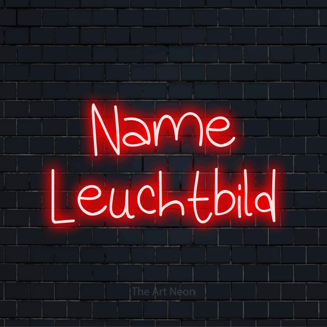 LED-Neonschild mit dem Text „Name Leuchtbild“ auf dunkler Ziegelwand