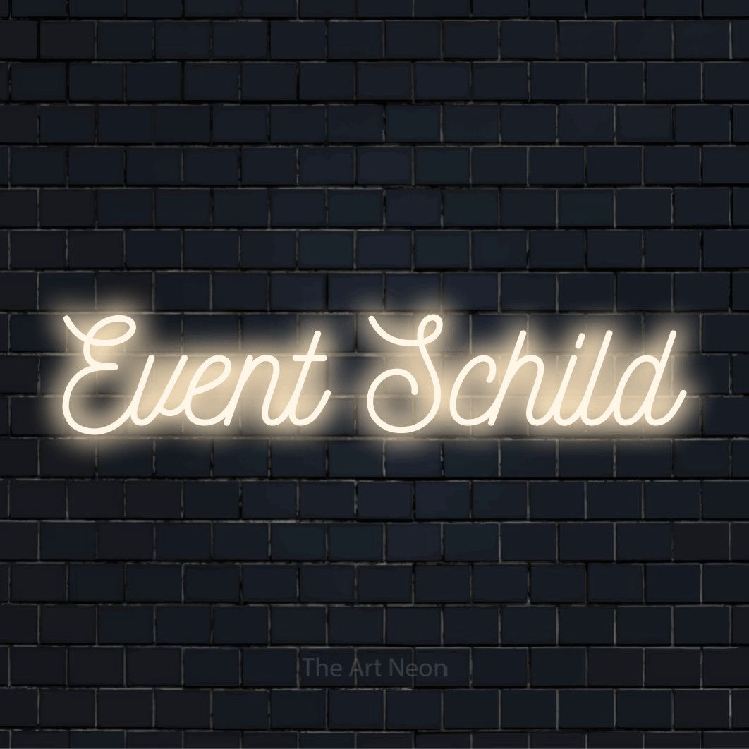 LED-Neonschild mit dem Text „Event Schild“ auf dunkler Ziegelwand