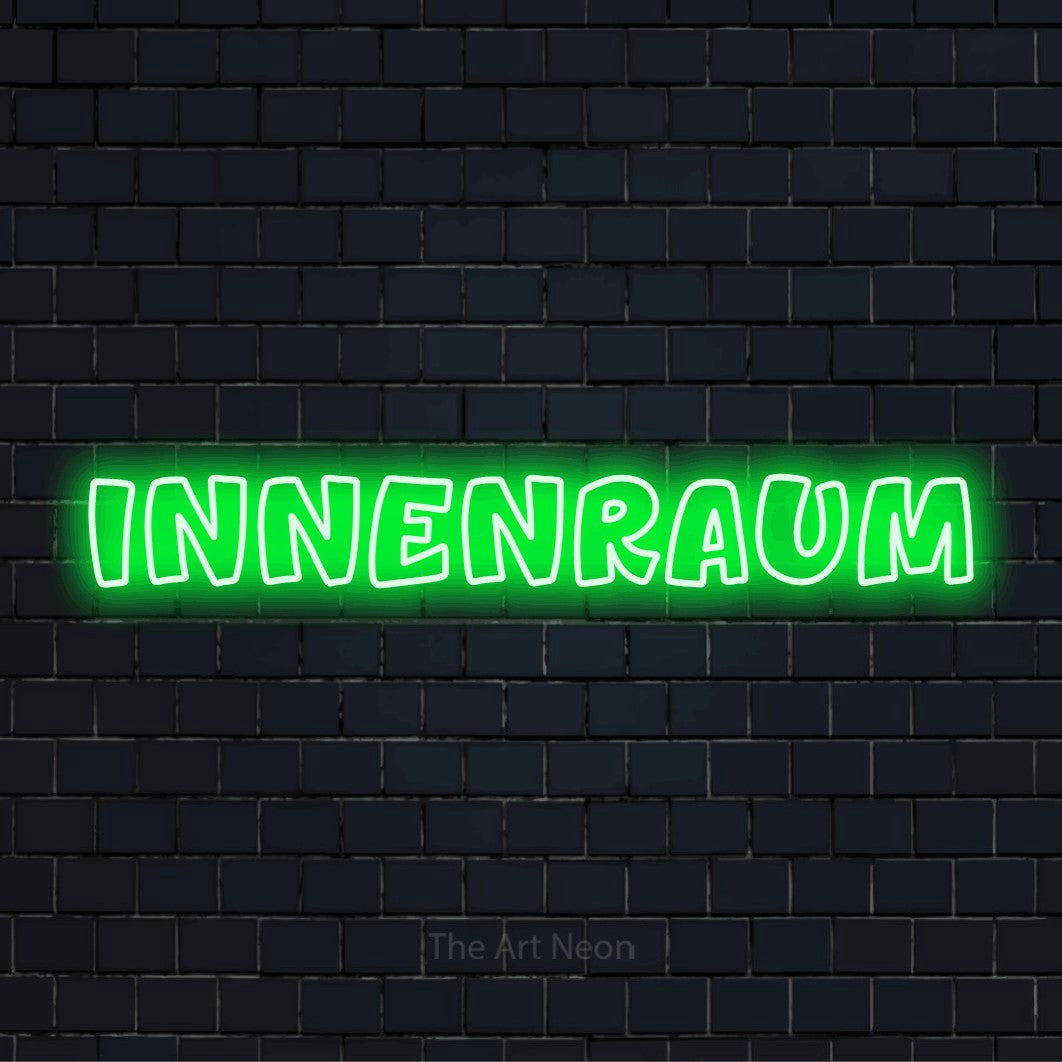 LED-Neonschild mit dem Design „Innenraum“ auf dunkler Ziegelwand