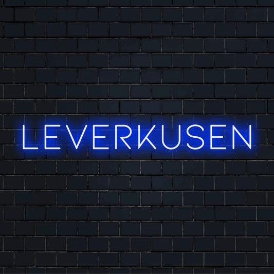 Leverkusen Neon Sign, glowing wall decor on black brick background