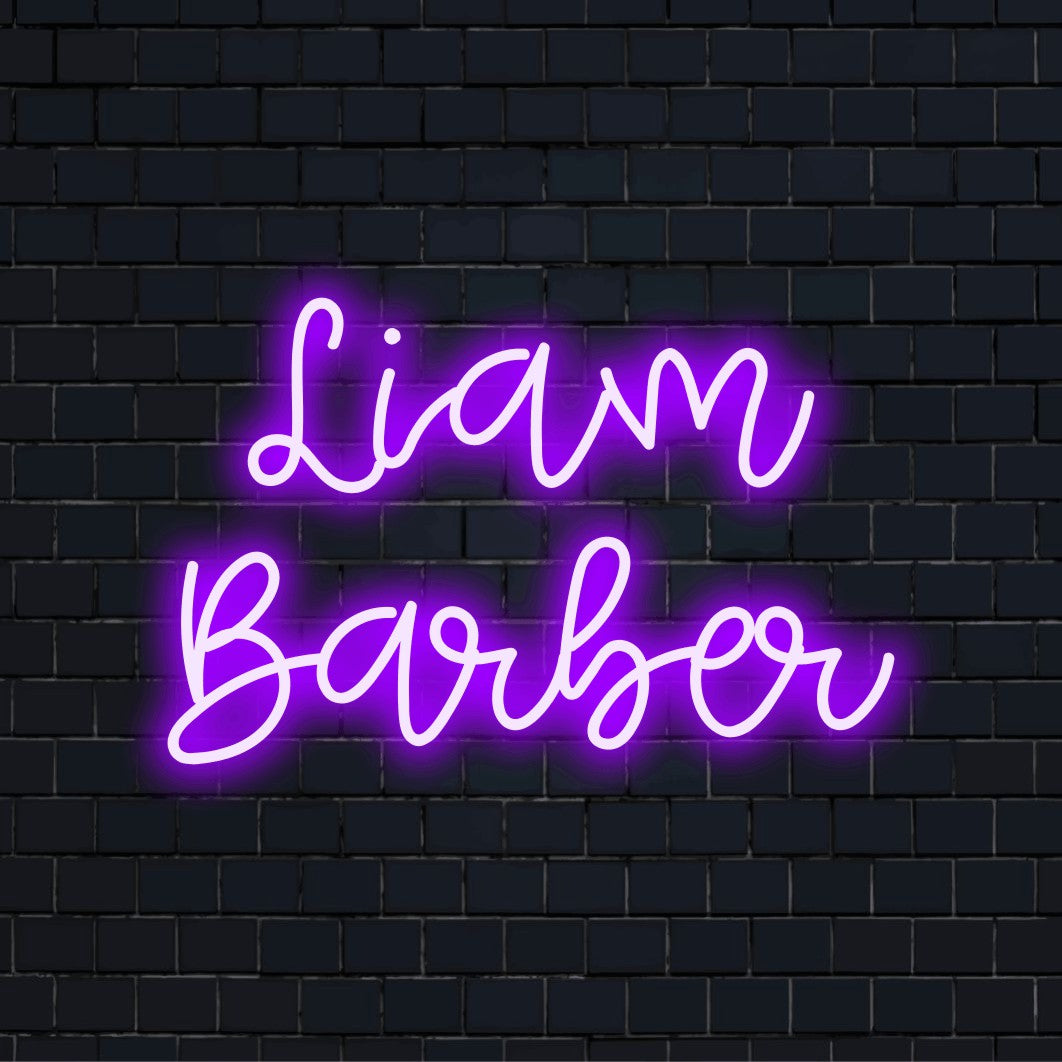 Liam Barber Personalized LED Neon Sign, bright LED glow against black brick wall