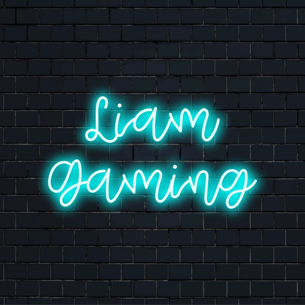 Liam Gaming Personalized Neon Light with bright neon glow against black brick wall