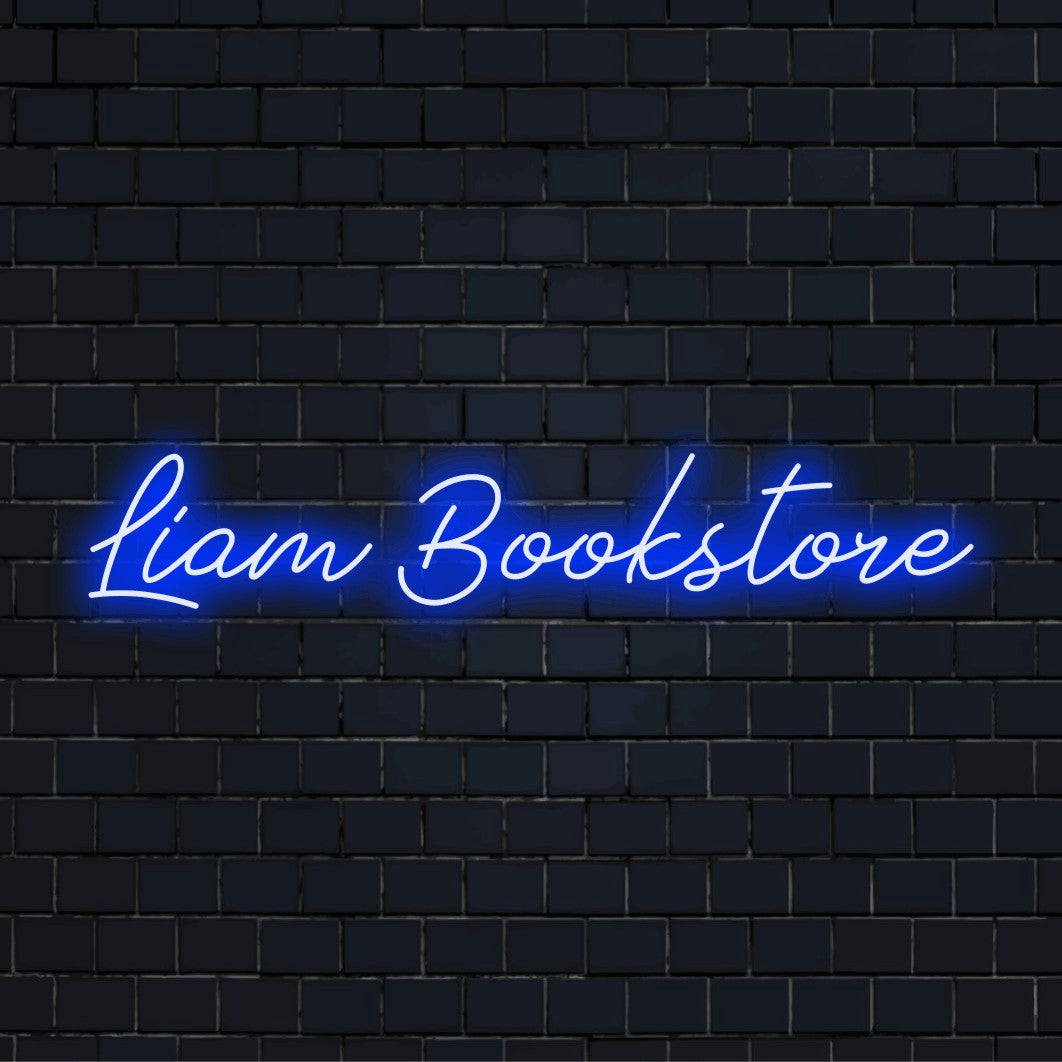 Liam Bookstore Personalized LED Neon Sign, glowing lettering on dark brick wall