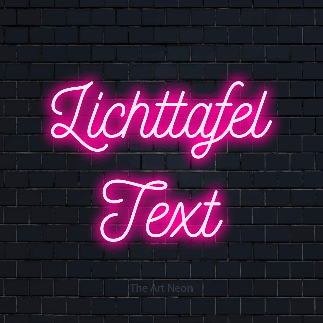 LED-Neonschild mit dem Text „Lichttafel Text“ auf dunkler Ziegelwand
