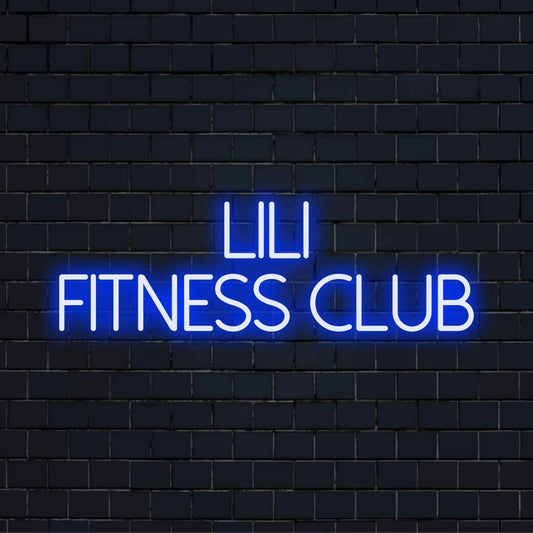 Lili Fitness Club Custom Name Neon Sign, neon text light against black brick wall