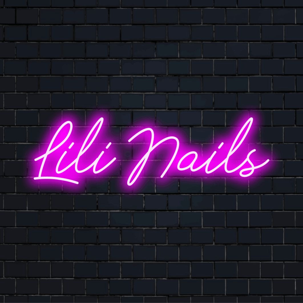 Lili Nails Personalized LED Neon Sign, neon text light on dark brick wall